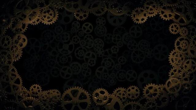 Copper gears and cogwheel clockworks mechanism background frame working in seamless loop video