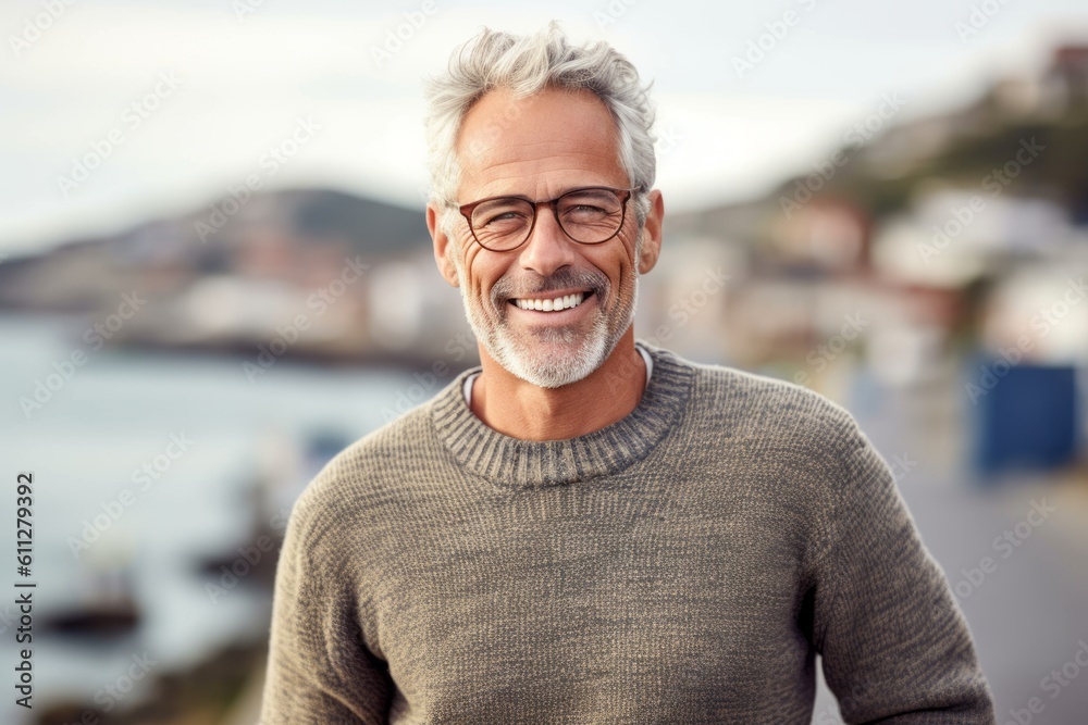 Wall mural medium shot portrait photography of a satisfied mature man wearing a cozy sweater against a scenic c