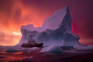 Naklejka na ściany i meble Red boat sailing near icebergs in Greenland at sunset Generative AI