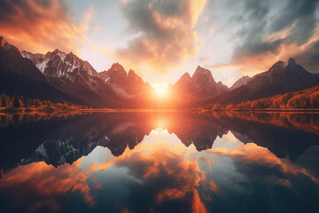 Summer sunrise on a beautiful lake with massive mountains on the background Generative AI