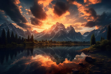 Fototapeta na wymiar Summer sunrise on a beautiful lake with massive mountains on the background Generative AI