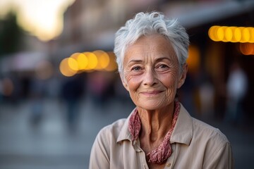 Medium shot portrait photography of a glad old woman wearing a classy button-up shirt against a...