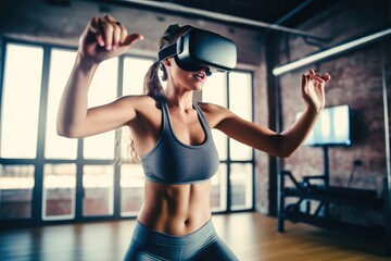 Futuristic vision of VR AR home sports, beautiful woman has fun making virtual sports at home with her immersive technology VR/AR headset, created with Generative AI
