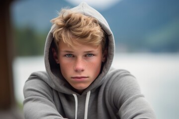 Close-up portrait photography of a glad mature boy wearing a comfortable hoodie against a serene alpine lake background. With generative AI technology