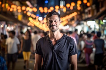 Fototapeta na wymiar Close-up portrait photography of a glad boy in his 30s wearing a casual short-sleeve shirt against a lively night market background. With generative AI technology