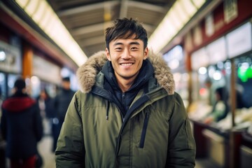 Medium shot portrait photography of a satisfied boy in his 30s wearing a warm parka against a bustling indoor market background. With generative AI technology