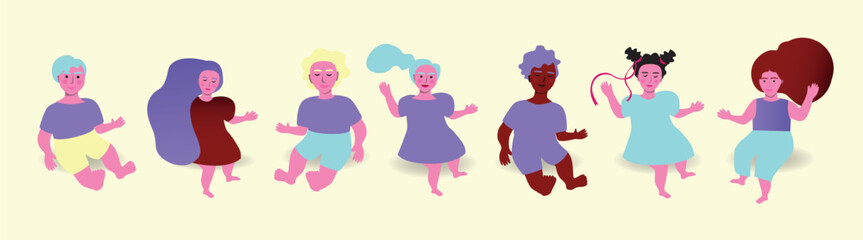 Set or collection of modern diverse baby or toddler, boys and girls, different skin color, flat vector stock illustration