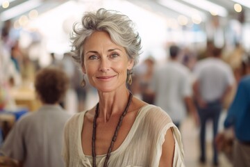Lifestyle portrait photography of a satisfied mature woman wearing a daring tube top against a bustling art fair background. With generative AI technology