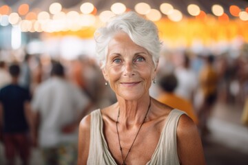 Lifestyle portrait photography of a satisfied mature woman wearing a daring tube top against a bustling art fair background. With generative AI technology