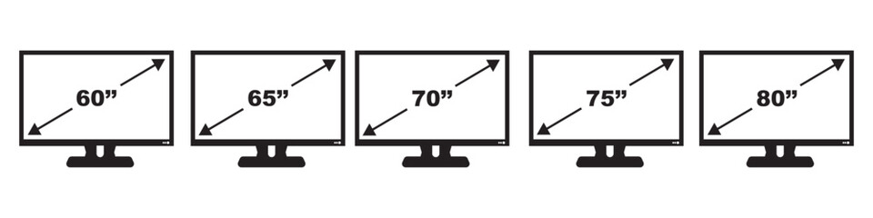 Screen size vector icon set. Diagonal screen size in 60, 65, 70, 75, 80 inches icons on white background. Vector 10 EPS.