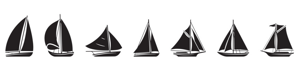Set of sail boat vector icons. Black silhouette with sailboat and sea wave. Nautical yacht or sailboat.EPS 10