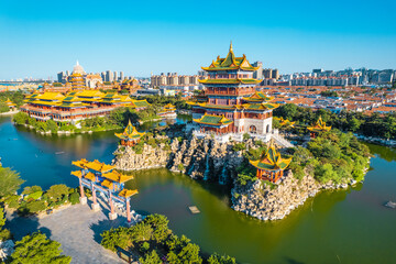 Aerial photography of the scenery of the three immortal mountains by the sea in Penglai, Shandong...