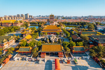 Aerial photography of the scenery of the three immortal mountains by the sea in Penglai, Shandong...