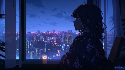 Cute lofi girl anime illustration, wallpaper background design, manga style art, Generative AI - obrazy, fototapety, plakaty