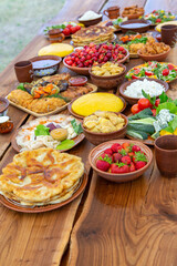 Homemade Romanian Food with grilled meat, polenta and vegetables Platter on camping. Romantic traditional moldavian food outside on the wood table.