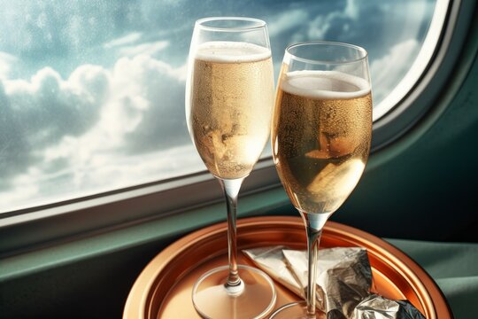 Glasses champagne plane drink. Generate Ai