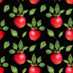 Fruity seamless pattern of red apples and leaves on a black background. Texture for healthy food packaging, printing on fabric, paper. Hand drawn illustration with watercolor and marker.