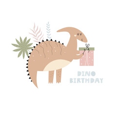 Illustration with a cute Birthday dinosaur in a simple hand drawn style.