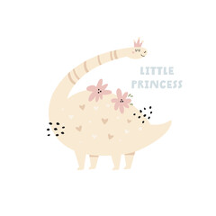 Sweet vector illustration of a dinosaur girl and flowers