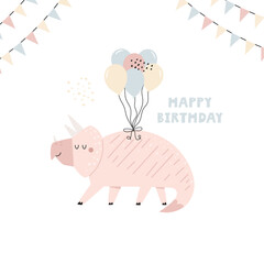 Illustration in a simple hand drawn style with a cute Birthday dinosaur and balloons