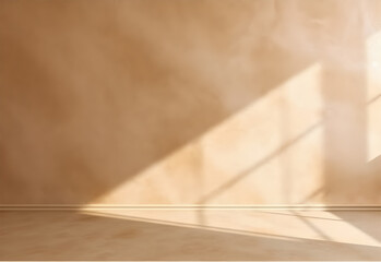Creative interior concept. Large empty beige brown textured concrete wall room with natural evening shadow. Banner template for product presentation. Mock up 3D rendering living, office, gallery

