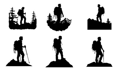 hiker mountain climber adventure silhouette for logo - obrazy, fototapety, plakaty
