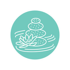 Lotus flower with spa stones black line icon.