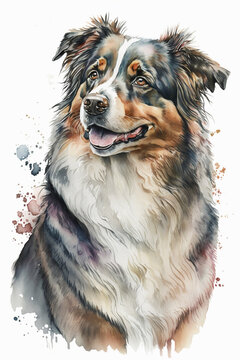 Australian Shepherd dog watercolor style painting. Generative AI illustration