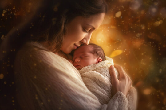 Tenderly cradled in loving arms, birth of a child, newborn, bokeh Generative AI