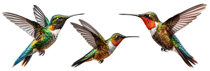 Obraz premium Illustration of three beautiful flying hummingbirds on a transparent background, Generative AI
