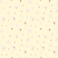 Popcorn seamless pattern, a salty snack for a movie, party, or show. Digital watercolor