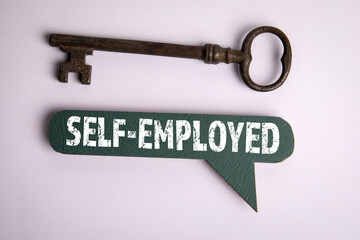 Self-employed Concept. Speech bubble with text and key on white background