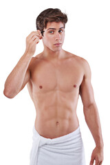 Fototapeta premium Grooming, portrait and a man plucking eyebrows for hygiene, face care and morning routine. Serious, nude and a naked person with a tweezer for facial hair isolated on a transparent png background