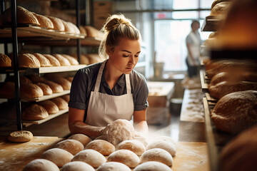 Skilled Female Baker Creating Artisanal Bread in Contemporary Bakery. Generative AI. - obrazy, fototapety, plakaty