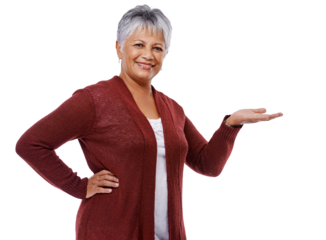 Advertising, palm and portrait of a senior woman with a choice hand gesture for marketing. Happy, smile and elderly female person with decision symbol or sign isolated by transparent png background.