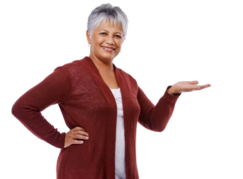 Advertising, palm and portrait of a senior woman with a choice hand gesture for marketing. Happy, smile and elderly female person with decision symbol or sign isolated by transparent png background.