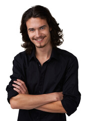 Portrait, smile and man with arms crossed for fashion on transparent, isolated and png background. Happy, face and hippie male model with long hair, proud and young with grunge, punk or aesthetic