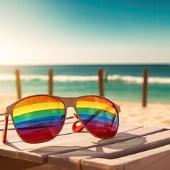 Fototapeta na wymiar Sunglasses on summer beach. Rainbow colored symbol on sunny beach. Vacation concept on seascape background on afternoon. AI generative