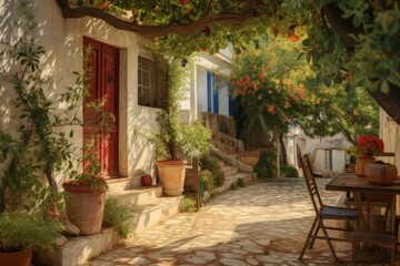 Obraz na płótnie Canvas Greek house backyard. Generate Ai