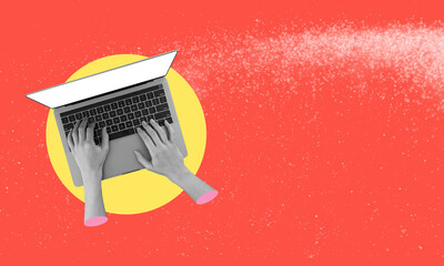 Human hands working with a laptop with the online project. Freelance job.