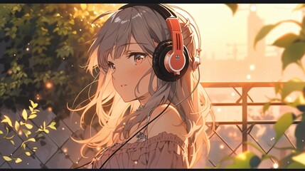 Cute Lofi girl with headphones, anime style illustration wallpaper background design, Generative AI