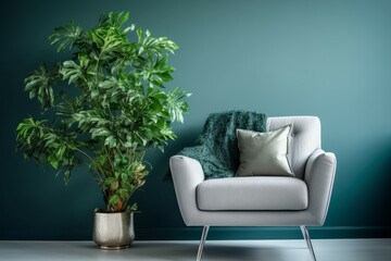 Green armchair blue wall. Generate Ai