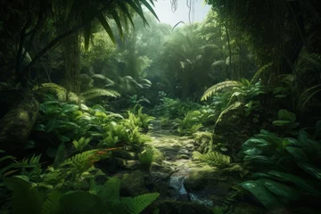 Keuken spatwand met foto Green prehistoric jungle leaves. Generate Ai © nsit0108