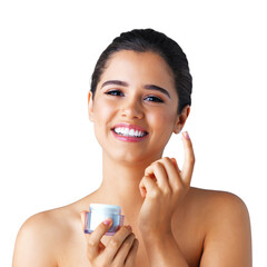 Beauty, portrait and woman cream with a smile and skincare isolated on a transparent, png background. Dermatology, lotion and spa product with a young female model with skin glow and sunscreen