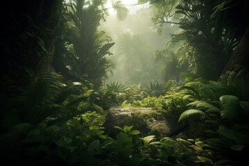 Fototapeta premium Green prehistoric jungle lights. Generate Ai