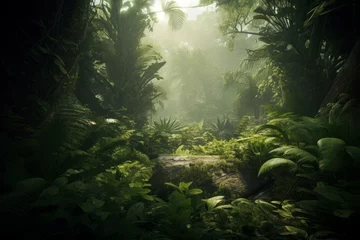 Fototapeten Green prehistoric jungle lights. Generate Ai © nsit0108