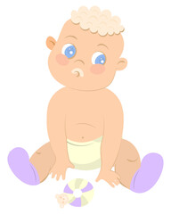 Sitting new born toddler infant with milk on face. Crawling little boy