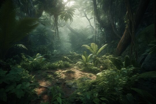Green prehistoric jungle. Generate Ai