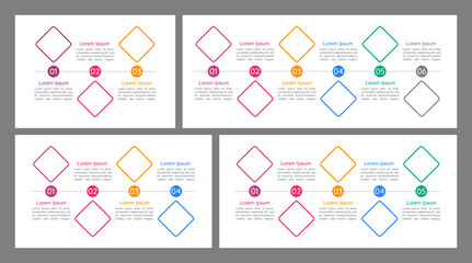 Colorful geometric infographic chart design template set. Rhombuses. Abstract infochart kit with copy space. Instructional graphics with connected steps, options. Visual data presentation