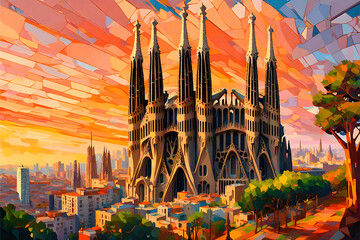 An enchanting illustration of the Sagrada Familia reveals the awe-inspiring beauty of Gaudí's masterpiece, where intricate details and soaring spires merge in a architectural. | Generative AI